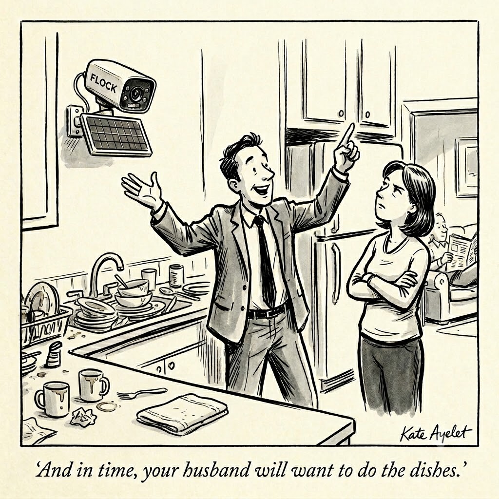 A man gestures proudly at a Flock camera mounted in his kitchen while his wife looks on, captioned: and in time, your husband will want to do the dishes.