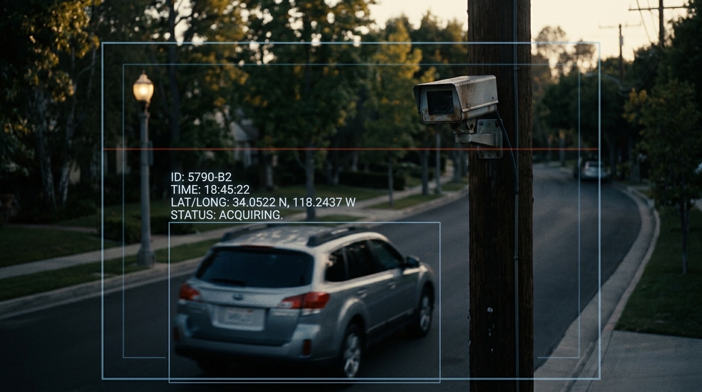 A surveillance camera on a pole tracking a passing car, a cold data box snapping around it.